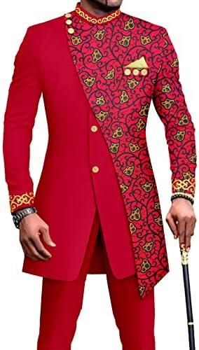 African Suits for Men Embroidery Print Blazer and Pants Set Business Suit Party Wedding Evening Size M