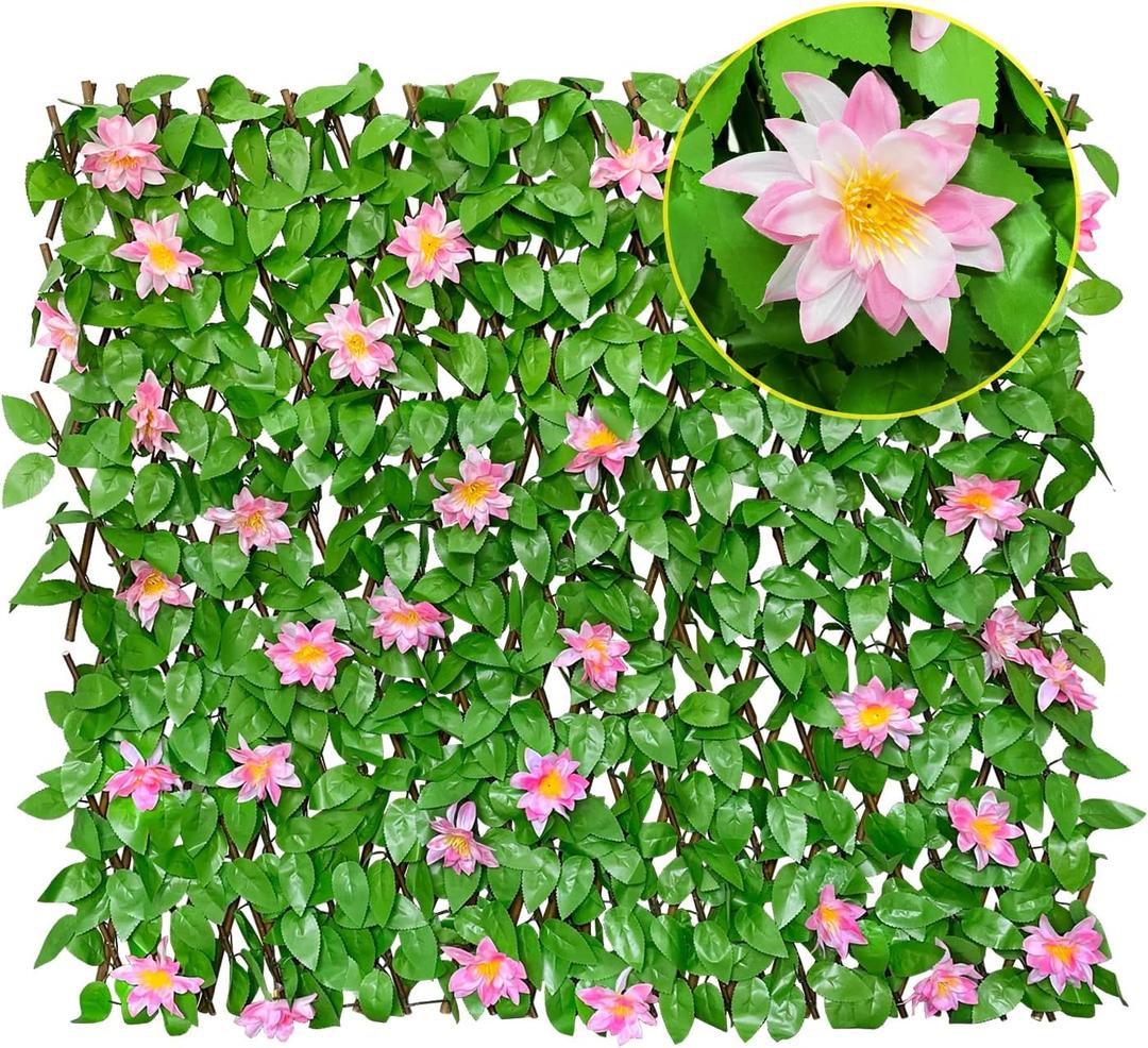 Expandable Faux Ivy Fence Privacy Screen for Patio Outdoor Balcony Bedroom Decor,Artificial Mixed Green-Pink Apple Leaves Wall Decoration Fencing Panel(Single Sided Leaves)