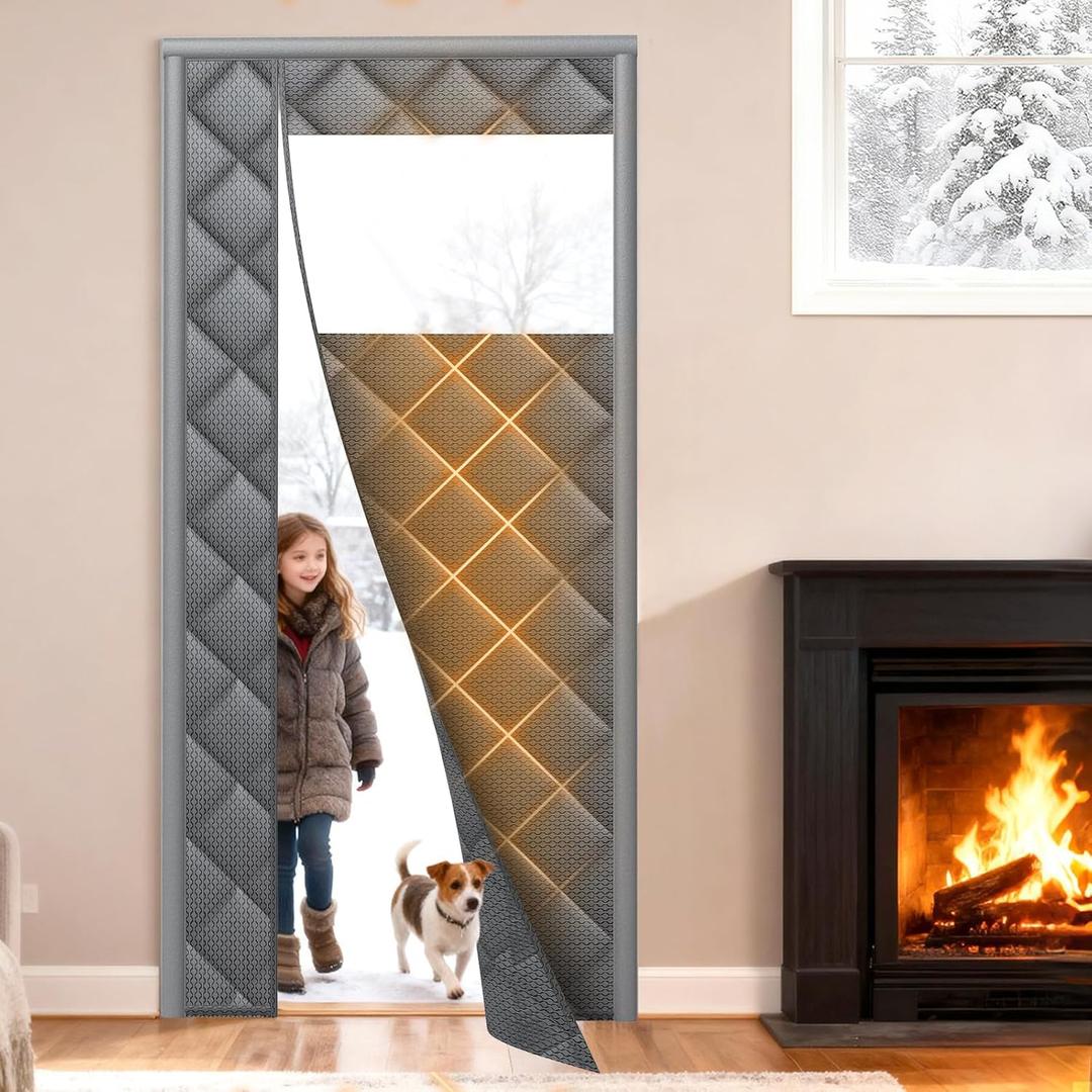 Magnetic Thermal Insulated Door Curtain Fit 30" X 80" with Clear Window, Thermal Door Cover for Winter Thicken Oxford Cloth and Cotton Automatic Insulation Cover Blanket for Winter