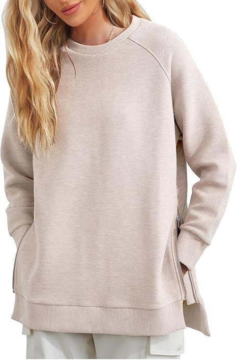 Fazortev Women's Oversized Sweatshirts Long Sleeve Crew Neck Ribbed Pullover Loose Side Zipper Tunic Tops, M
