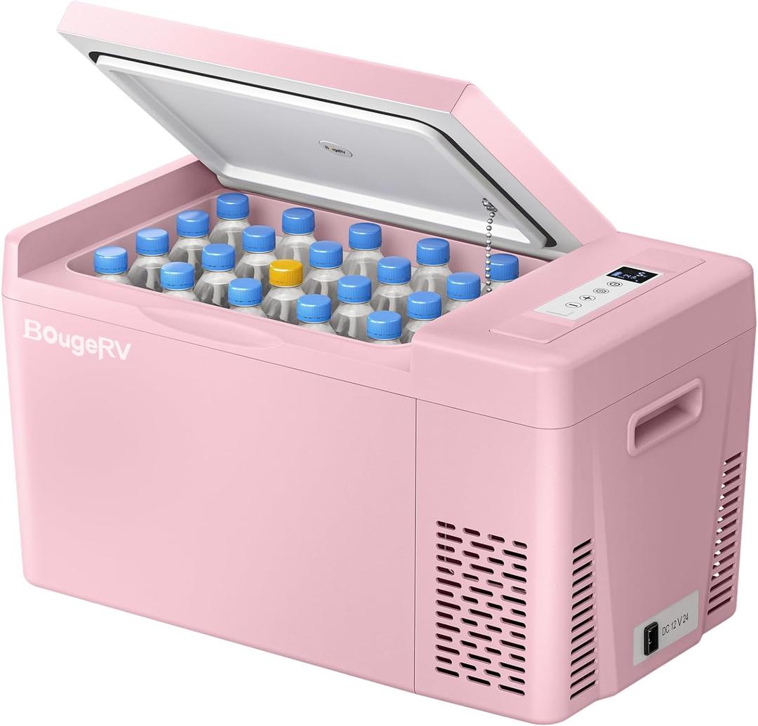 BougeRV Pink 23Quart Portable Refrigerator, 12 Volt Fridge 22L, Portable Freezer Compressor Cooler 12/24V DC 110~240 Volt AC for Truck Van RV Camper -8~50