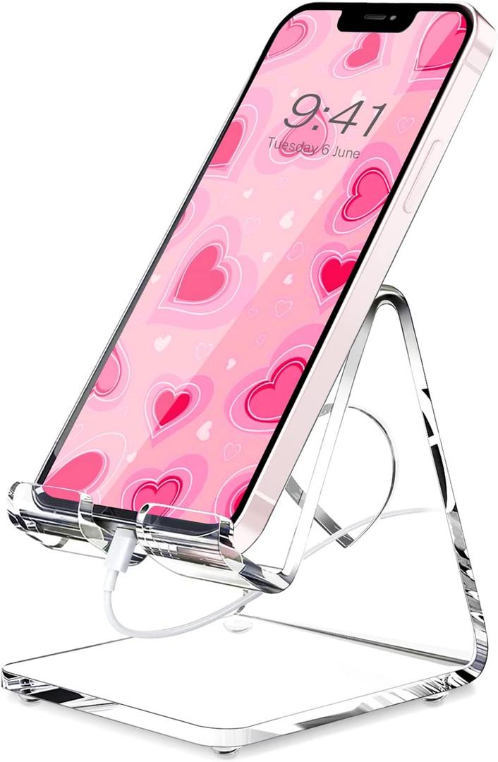 Crpich Acrylic Cell Phone Stand, Portable Phone Holder, Clear Phone Stand for Desk, Compatible with Phone16 15 14 13 Pro Max Mini 12 11 SE, Switch, Android Smartphone, Pad, Tablet, Desk Accessories