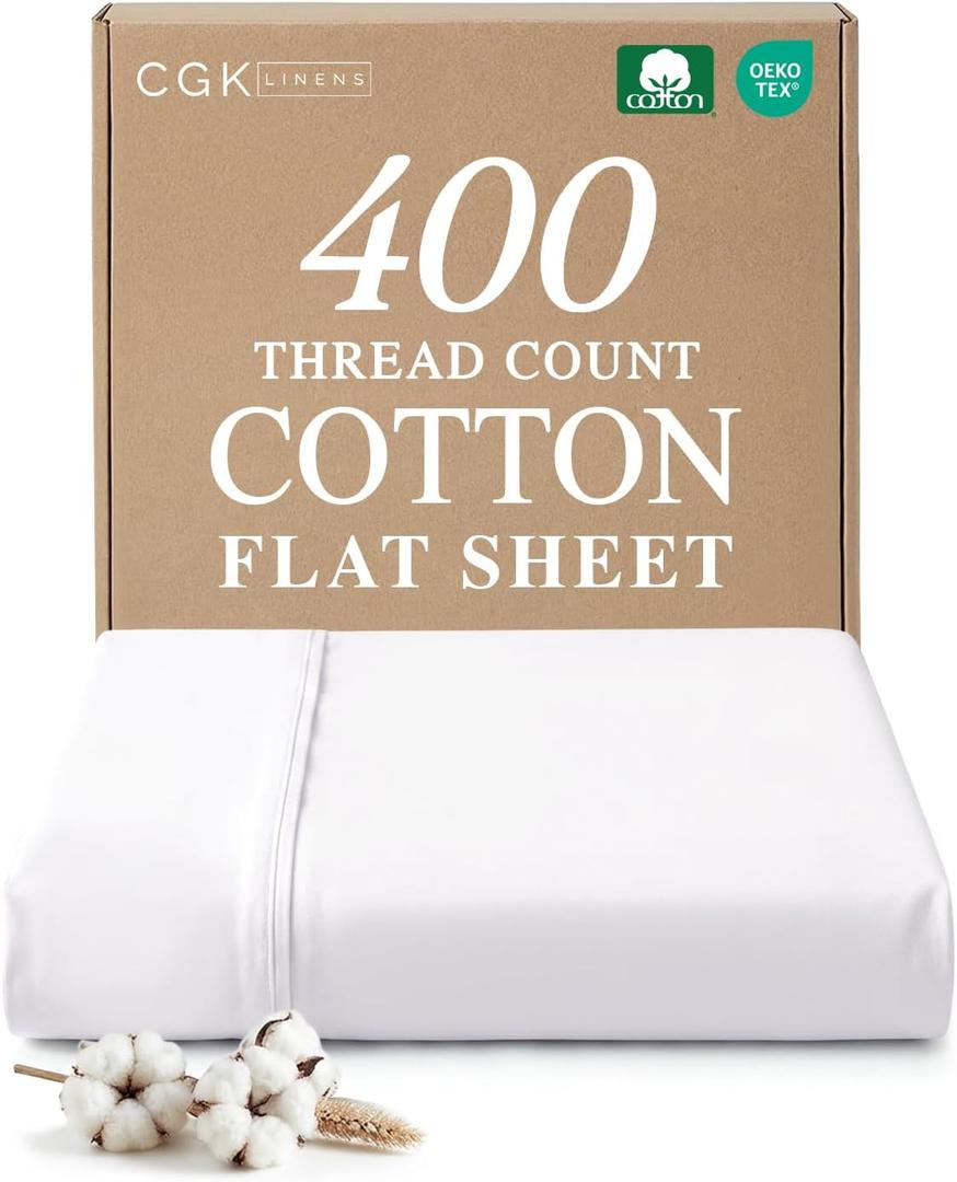 Queen 400 Thread Count 100% Cotton Flat Sheet - Comfortable, Cooling & Breathable Cotton - Top Flat Sheet Only - Luxury Hotel Quality Bedding - Extra Soft and Comfy - Easy Care, Wrinkle Free - White