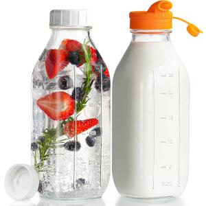 32 oz Reusable Glass Milk Bottles with Silicone Dispenser Cap, 2 Pack Glass Jars with Airtight Screw Lid, Leak Proof Juice Bottles with Scale Mark Breastmilk Storage Container for Fridge, 9.1 x 2.3 x 2.3