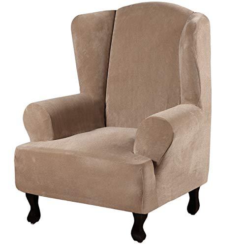 H.VERSAILTEX Wingback Chair Covers Velvet Plush Wing Chair Slipcover 1 Piece High Stretch Wing Back Chair Slipcovers Sofa Cover Furniture Cover with Elastic Bottom, Camel