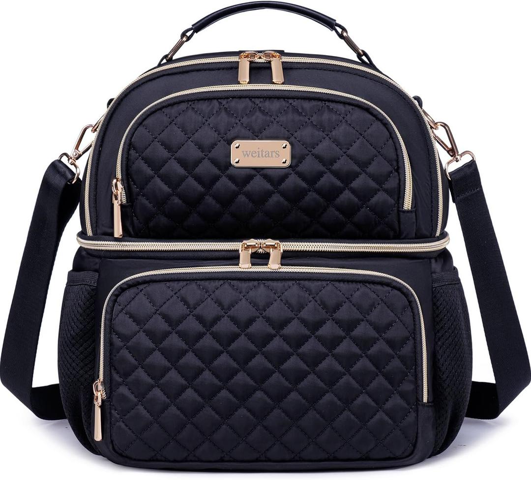 Weitars Lunch Bag for Women,Dual Compartment Lunch Box for Women Lunch Tote for Work,Insulated Leakproof Large Lunchbox Lunch Cooler for Adult for Men, Women, Lunchbag for Hiking,Picnic,Beach (Black)