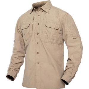 TACVASEN Men's Tactical Shirts Long Sleeve Quick Dry Breathable Button Down Fishing Work Safari Hiking Camping Hunting (Large, Khaki)