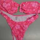 SHENHE Women's 2 Piece Strapless Swimsuit U Wire Floral Tie Back Ruched Bandeau Bikini with Thong Set (Medium, Pink)