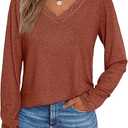 AUTOMET Long Sleeve T Shirts for Women Lace V Neck Casual Cute Tops Loose Fit Fall Winter Basic Clothing, Maple, XL