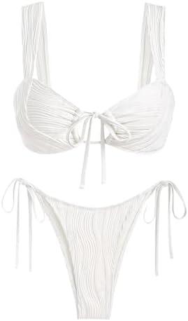 ZAFUL Women's Cinched Bikini Solid Color Wave Textured Knotted Tied Side Two Piece Swimsuit Bathing Suits M
