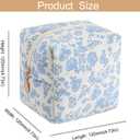 Cute Cubic Shaped Floral Cotton Makeup Cosmetic Bag for Women, Travel Quilted Zipper Make Up Bag, Cube Flowers Organizer Case Kawaii Makeup Cosmetic Travel Cloth Pouch (Blue Floral)