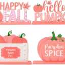 4Pcs Fall Pink Pumpkin Wood Tiered Tray Centerpieces, Autumn Farmhouse Wood Sign Table Topper Decoration, Thanksgiving Harvest Home Decor for Desk Shelf Mantel Fall Party Supplies for Pink Girl