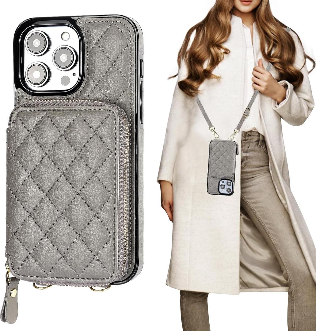 Bocasal Crossbody Wallet Case for iPhone 14 Pro Max, RFID Blocking PU Leather Zipper Handbag Purse Flip Cover, Kickstand Folio Case with Card Slots Holder Wrist Strap Lanyard 5G 6.7 Inch (Grey)