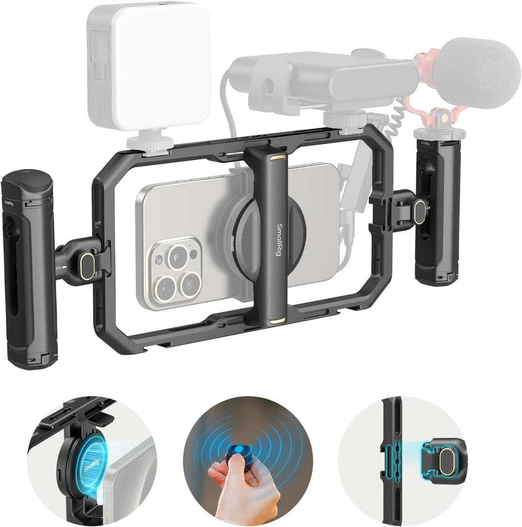 SMALLRIG Universal Aluminum Quick Release Phone Cage Kit, Smartphone Video Mounting Kit with Wireless Control, Dual Handles and Phone Clip, Support