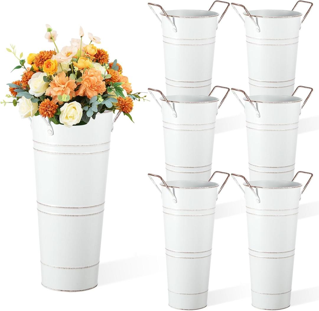 6pcs Galvanized Bucket Bar Flower Bucket Metal Vase with Handles Farmhouse Vases for Flowers Wedding Table Centerpiece Decorations Rustic Vintage Metal Floral Container for Party Home Arrangements