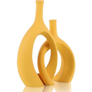 WUBIANJIE Yellow Ceramic Vase - Modern Boho Decor, Mustard Yellow, Round, Anti-Slip Base, Perfect for Living Room, Bedroom, Bathroom