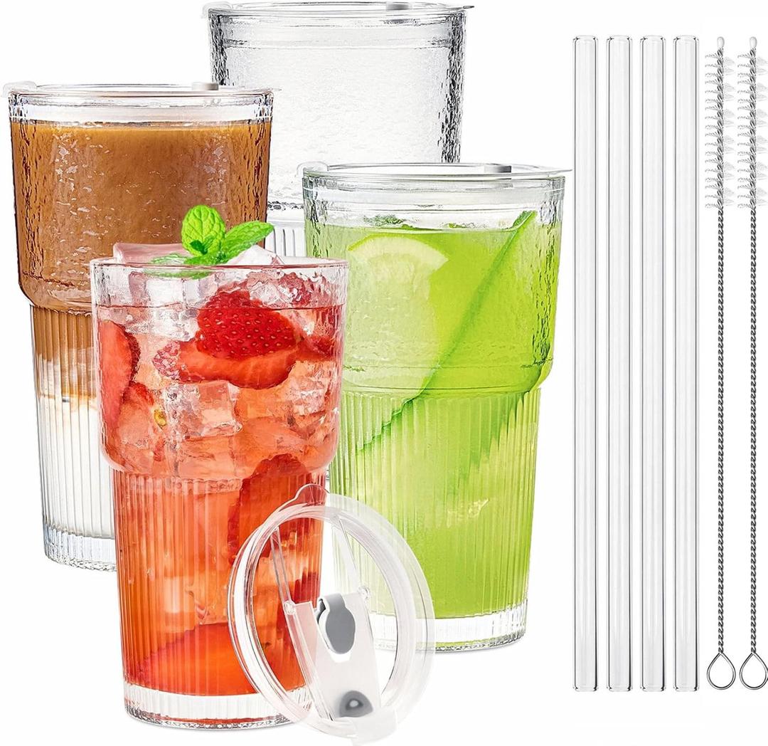 TUZAZO 20 Oz Glass Tumblers with Lids and Straws - 4 Pack Embossed Glass Iced Coffee Cup with Straw and Lid, Thicken Glasses, Ideal for Smoothieds, Cocktails, and Juices