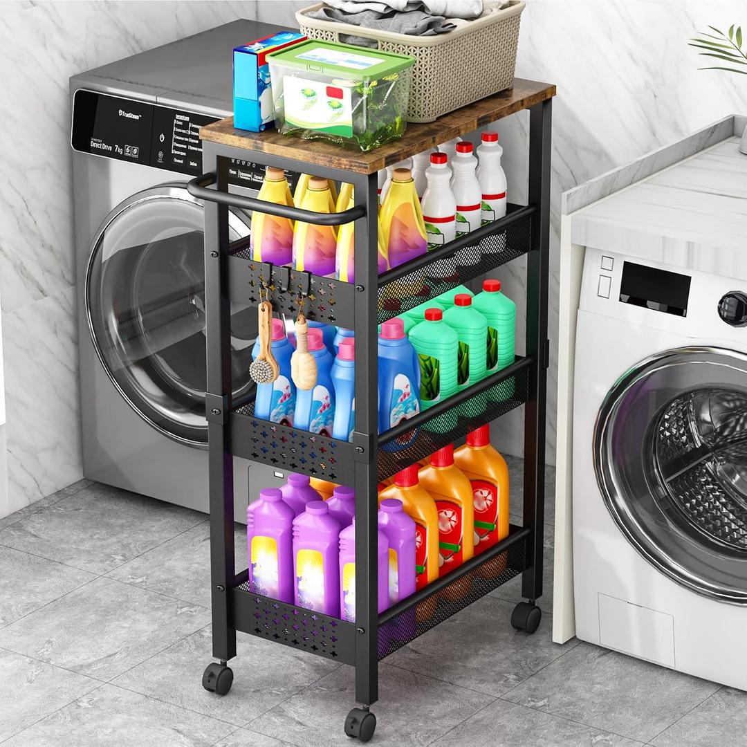 Utility Slim Storage Cart with Wheels, 4-Tier Narrow Rolling Organizer Shelf with Wood Top, Metal Storage Rack and Space-Saving Organizer for Bathroom, Kitchen, Laundry Room, Small Spaces (8.1 inch wide, Black)