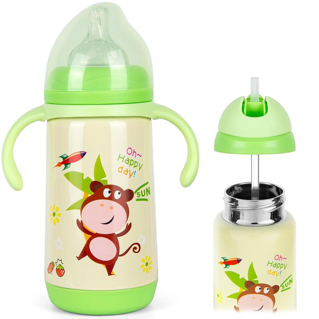 Stainless Steel Insulated Baby Bottle 10oz Medium-Flow Nipple & Straw Lid with Removable Handles, Thermal Water Bottle for Toddler BPA and Phthalates-Free (Monkey)