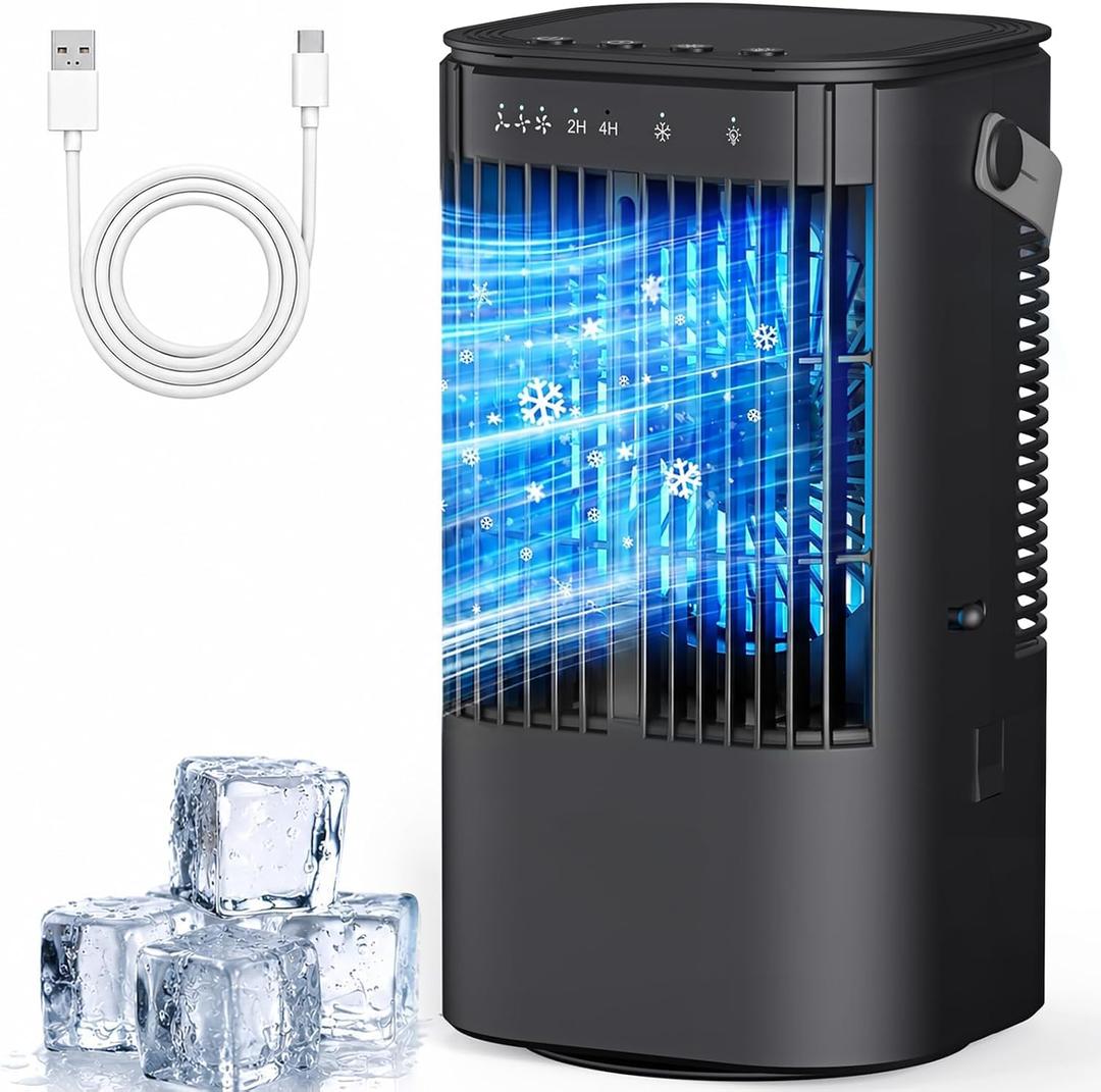 Portable Air Conditioners, 4-in-1 Mini Air Conditioner Evaporative Air Cooler, Portable AC with 1000ML Tank, 3 Speeds & 7-Color LED, Small Air Conditioner with Timer for Bedroom, Desktop, Home, Office