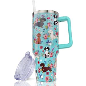 Dachshund Gifts for Women, 40 oz Dachshund Tumbler with Handle and Straw, Reusable Stainless Steel Dog Tumbler with Leak Proof Lid (Cyan)