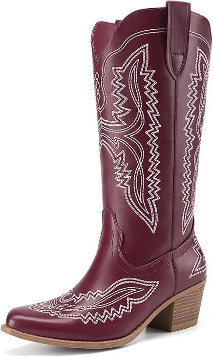 Athlefit Women's Square Toe Cowboy Cowgirl Boots Low Chunky Heel Embroidery Western Mid Calf Boots for Country Concerts, Red, Size 8.5
