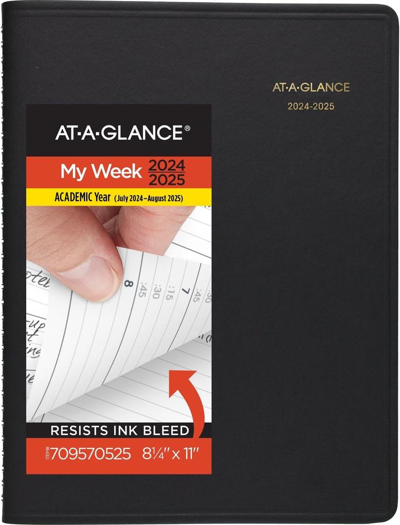 AT-A-GLANCE Planner 2024-2025 Academic, Weekly, Quarter-Hourly Appointment Book, 8-1/4" x 11", Large, Flexible Cover, Black (7095705)