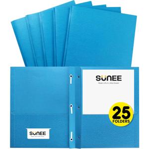 SUNEE 2 Pocket Folders with Prongs (25 Pack, Blue), Paper Folders with 2 Pockets and 3 Prongs Fit Letter Size Paper, Folders with Prongs for School Office Home Business