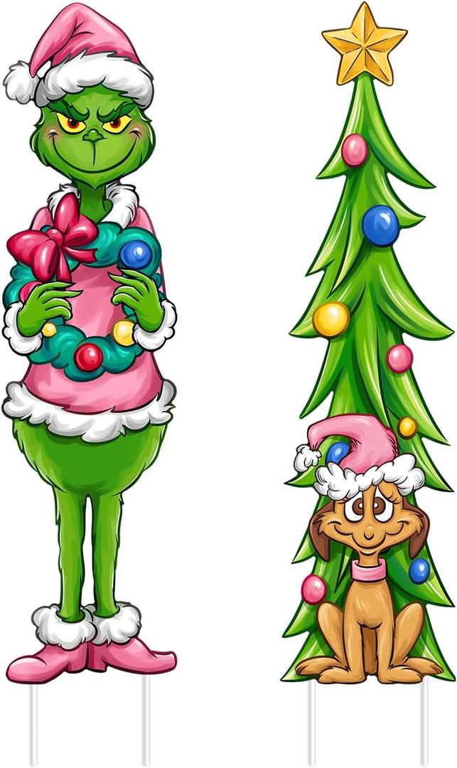 Christmas Cartoon Character Yard Sign with Stakes, Xmas Tree Max Dog Lawn Sign Outdoor Decor, Funny Winter Holiday Outside Garden Prop Decorations Party Supplies