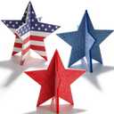 2 x 4th of July Wooden Star Signs, 3D Red White Blue Star Table Decor Glitter Patriotic Star Table Centerpieces for Independence Day Memorial Day Labor Day Tiered Tray Signs Americana Home Office Desk Shelf