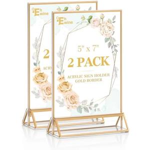EHWINE 2 Pack Acrylic Sign Holder 5 x 7, Double Sided Gold Picture Frame Stand up Table Top Sign Holders, Clear Display Stand Menu Flyer Holder for Wedding Party