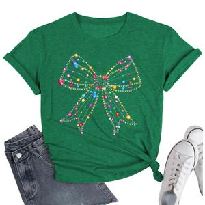 Christmas Shirts for Women Bow Christmas Shirt Coquette Bow Tshirt Xmas Lights Tee Holiday Vacation Casual Outfit