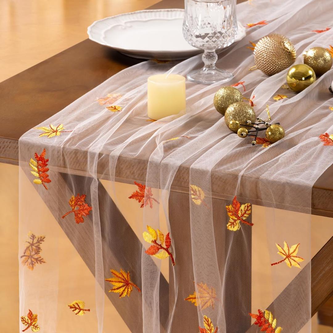Socomi 3pcs Falll Thanksgiving Table Runner Maple Leaf Tulle Gauze Cheesecloth Embroidery Sheer Table Runners for Wedding Party Baby Shower Birthday Holiday Picnic Home Decor (10ft x 3pcs)