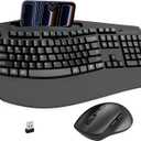 Wireless Keyboard and Mouse Combo, 2.4G Full Size Wave Keys Ergonomic Keyboard with Wrist Rest, Phone Holder, 3-Level DPI Wireless Silent Mouse with 6-Buttons, for Windows, Mac OS, Laptop, PC (Black)