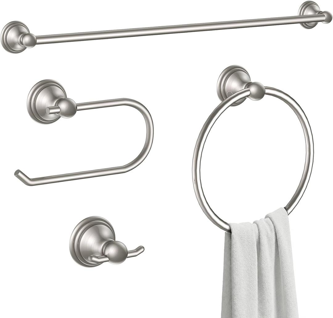 Formosa Design Hardware Classic 4-Piece Bathroom Accessories Set, 24-inch Towel Bar, Toilet Paper Holder, Towel Ring, and Robe Hook, Durable Zinc Alloy & Stainless Steel, (Brushed Nickel Finish)
