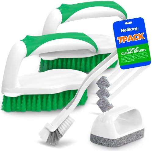 Holikme 7 Pack Deep Cleaning Brush Set, Scrub Pads with Scraper Tip for Pool Walls, Bathroom, Grout, Floor, Tub, Shower and Kitchen Surface (Green)