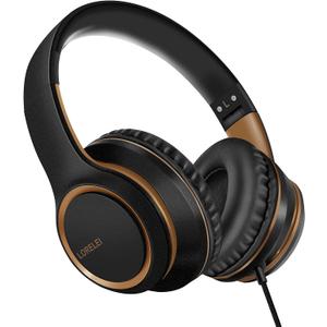 Lorelei X8 Over-Ear Wired Headphones with Microphone with 1.45m-Tangle-Free Nylon Line&3.5mm Plug,Lightweight Foldable & Portable Headphones for Smartphone,Tablet,Computer,Mp3/4(Black-Gold)