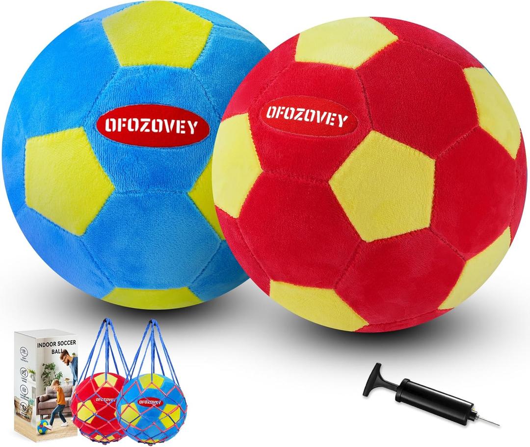 2 Pack Indoor Soccer Ball Size 4,Kids Soccer Ball Padded for Inside Your Home,Soft and Safe Foam Ball for Toddlers,Size 4 Soccer Balls Includes Pump and net,Best Gift for Boys and Girls (Blue and Red)