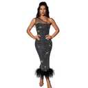 CHYBIGU Black Maxi Dresses for Women Evening Party Sexy one Shoulder Feather Sparkly Rhinestone Bodycon Vestidos Medium