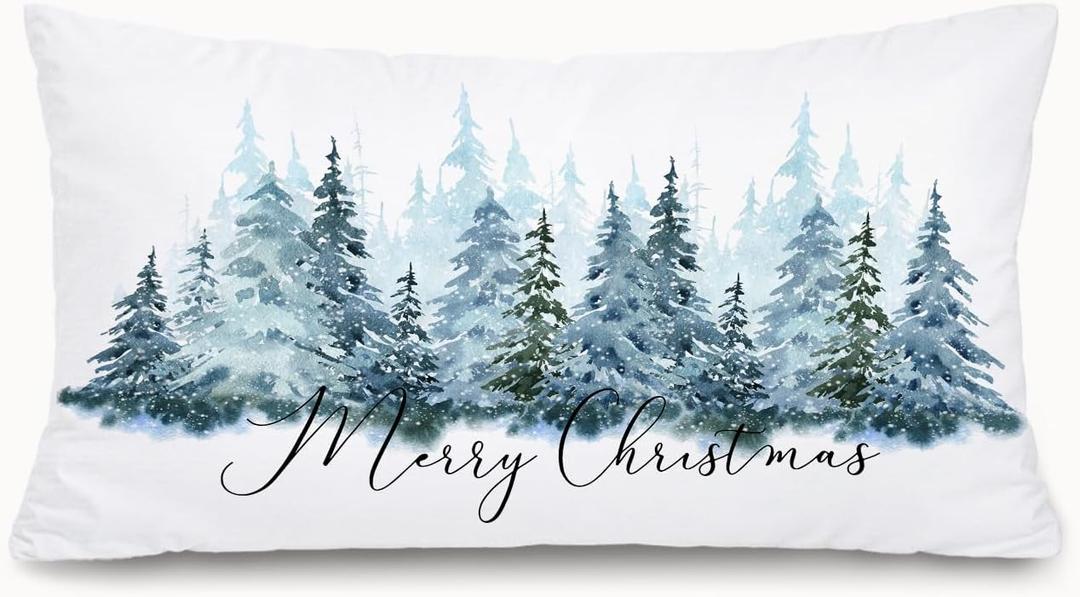 MOFUYU Christmas Winter Pillow Covers 12x20, Rustic Christmas Decor,Winter Nature Xmas Tree Forest Lumbar Pillow Coverss Decorative for Bedroom Living Room Home Sofa Couch