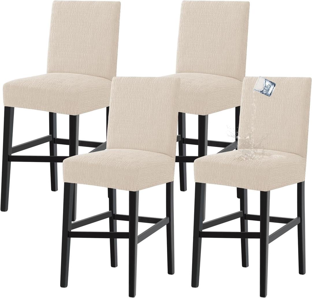 Turquoize 100% Waterproof Bar Stool Cover Stretch Washable Barstool Seat Covers Set of 4, Removable Bar Chair Covers with Backs, Counter Height Chair Cover for Kitchen Dining Room Cafe (4, Ivory)