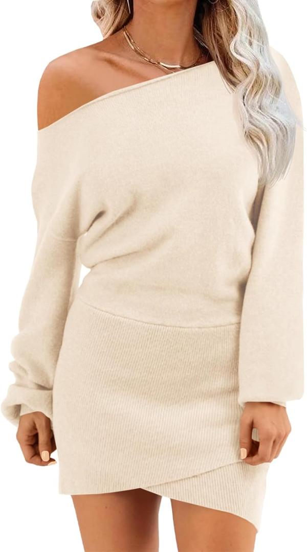 Wenrine Women's Off The Shoulder Sweater Dress 2025 Fall Winter Casual Long Sleeve Knit Slim Fit Pullover Mini Dresses (Beige, Small)