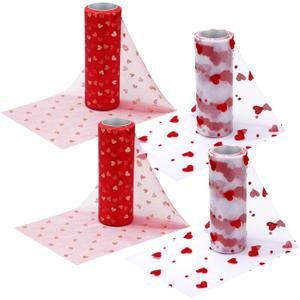 VitalCozy 4 Rolls Heart Mesh Tulle Roll Valentines Day Red Heart Mesh Tulle Ribbon 10 Yards Fabric Netting for DIY Wedding Tutu Valentine Decor Craft Accessories