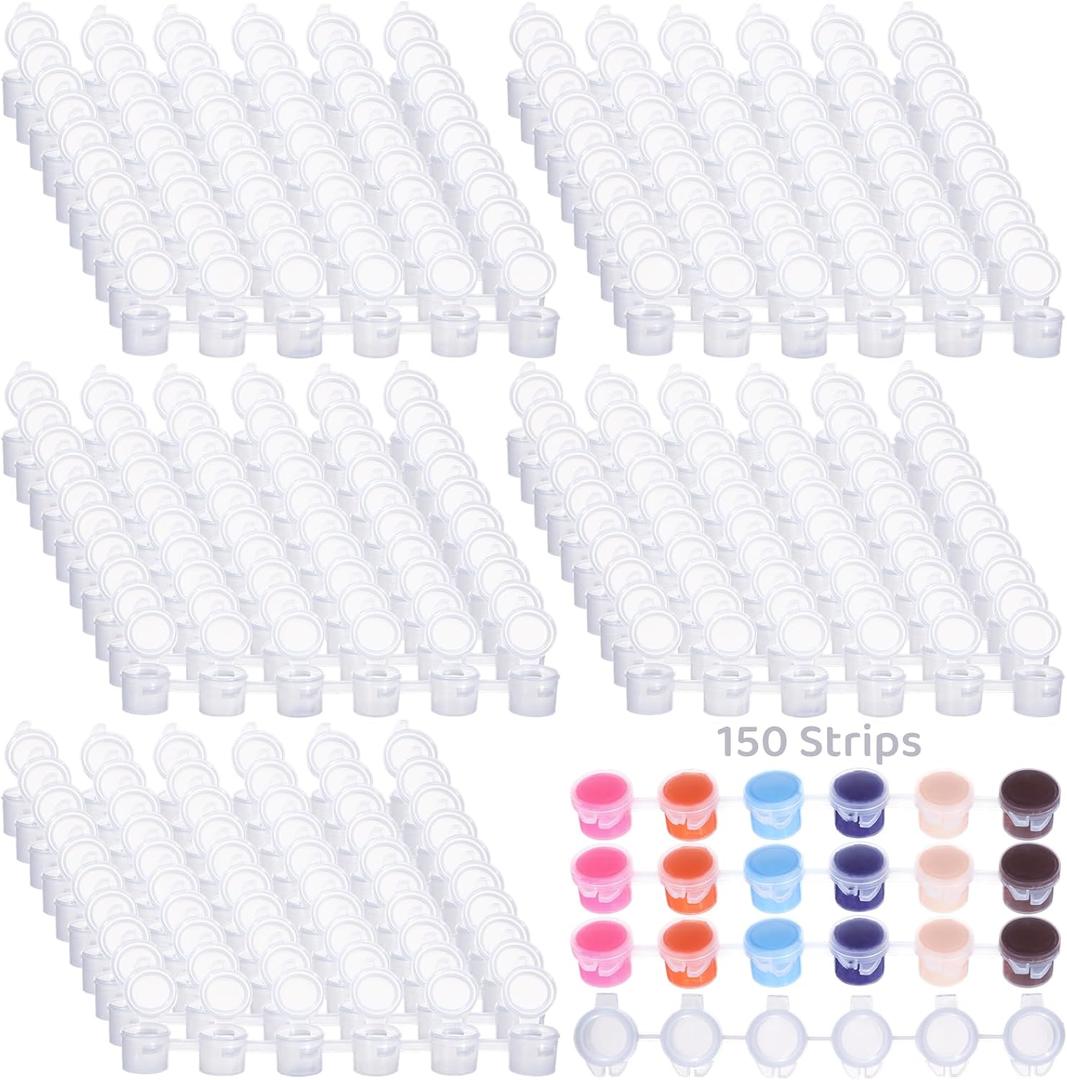 150 Strips Mini Empty Paint Cups, 900 PCS Paint Cup Pots Cans, Mini Clear Plastic Paint Storage Containers with Lids, 3ML Art Painting Craft Supplies for Classrooms Schools Paintings Art Festivals