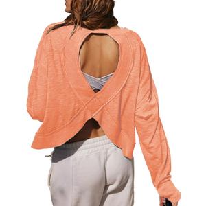 Women's Open Back Workout Crop Top Long Sleeve Casual Athletic Shirts Yoga Tee (Medium, Coral)