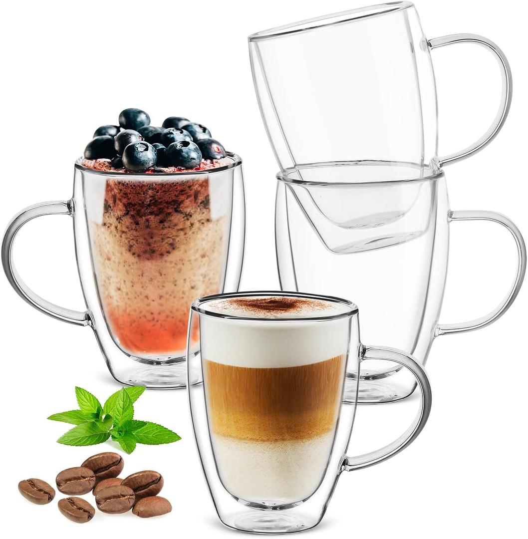 12 oz/350ml Double Walled Glass Coffee Mugs, Glass Coffee Cups Set of 4, Insulated Borosilicate Clear Glasses, Espresso Cappuccino Latte Tea Cups with Handle for Latte, Hot/Cold Drink