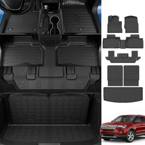 powoq 6-Seat Floor Mat Compatible with 2020-2025 Ford Explorer Trunk Mat TPE Backrest Mat Replacement for 2020-2022 2023 2024 2025 Ford Explorer Accessories(Rear Trunk Mat+ Backrest Mat+Floor mat)