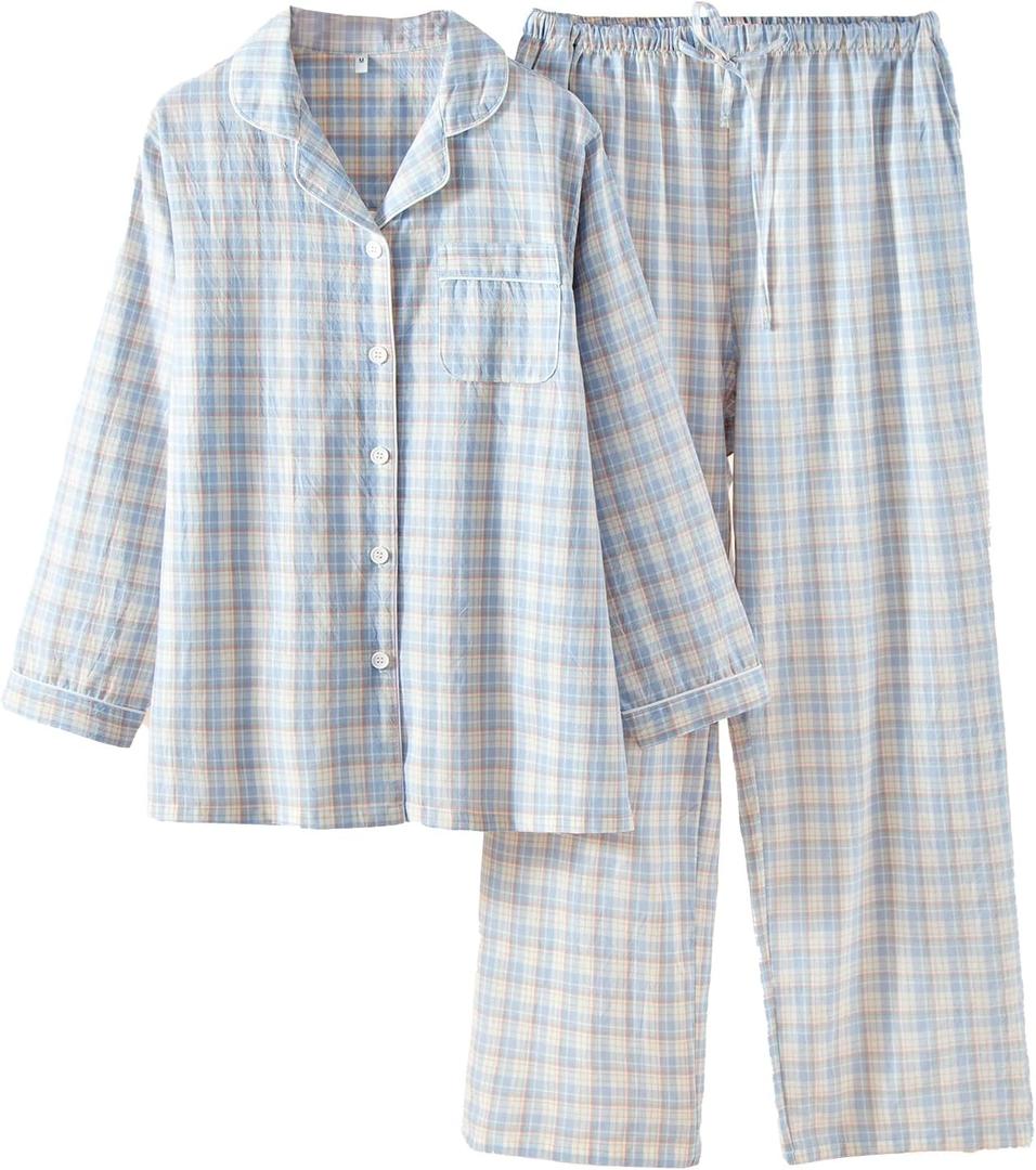 Women's 2 Piece Cotton Pajama Sets Long Sleeve Sleepwear Button Down Soft Lightweight Pj Pants Set With Pockets (Large, Blue)