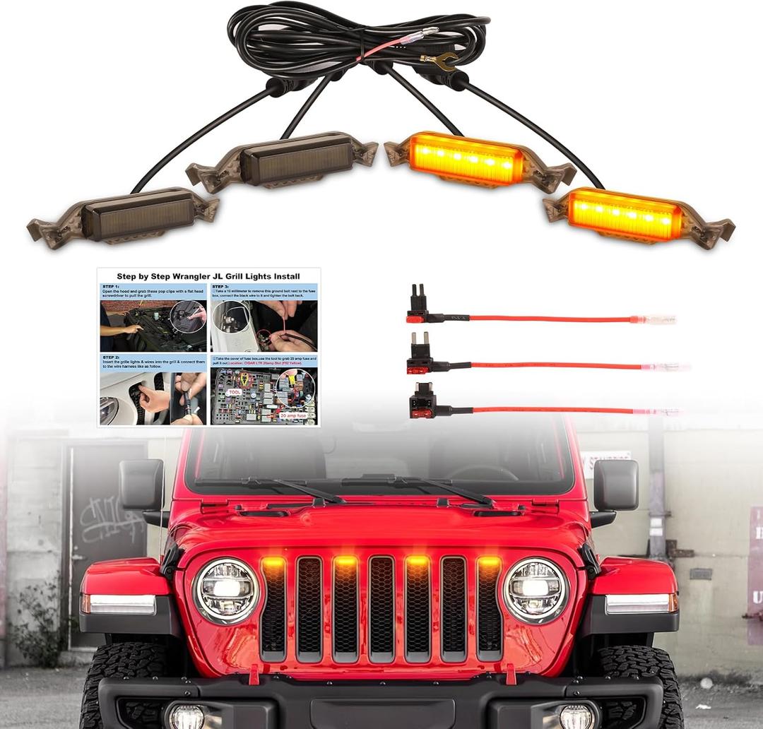 Led Grill Grille Lights fit for 2019 2020 2021 2022 2023 Jeep Wrangler JL JLU Rubicon Sahara Sport Front Grille Grills Light Front Headlights Wrangler JL Jlu 2018-2023 4Pcs Amber Led (Amber JL 4P)