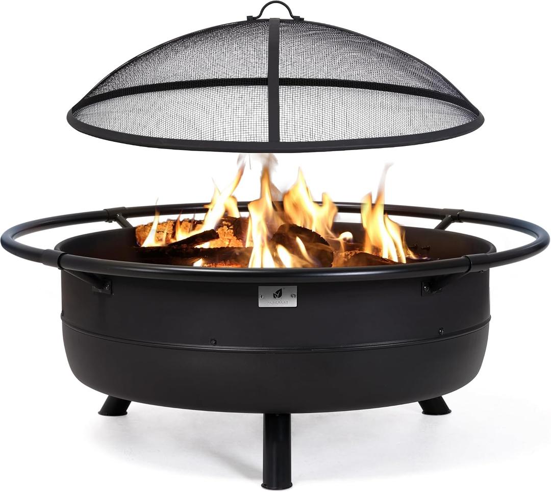 SUNCREAT 42" Outdoor Portable Fire Pit with Spark Screen, Fire Poker, Wood Burning Patio Fire Pits with Protective Ring, Black